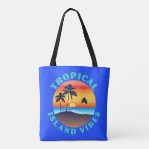 Tropical Island Vibes, Sunset with Palm Trees Tote Bag