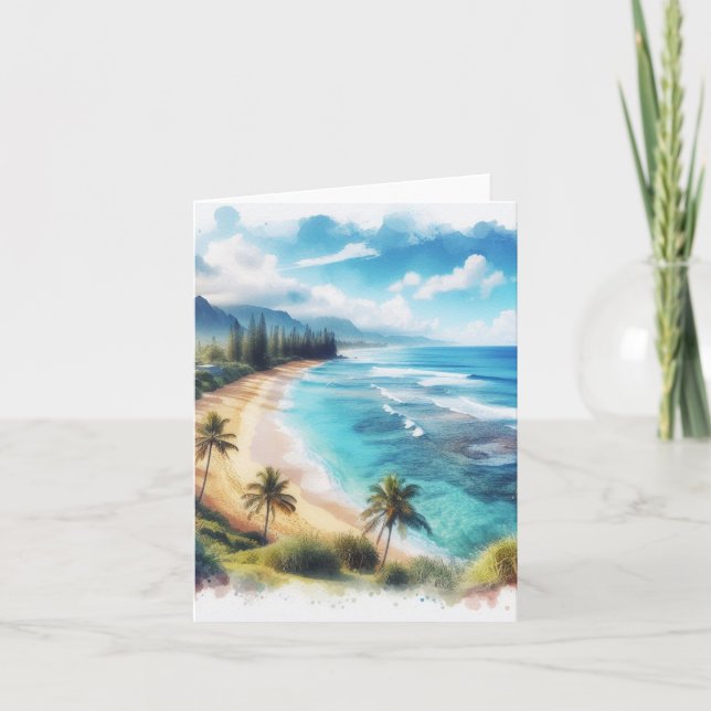 Tropical Island Watercolor Coastal Seascape Blank Note Card (Front)