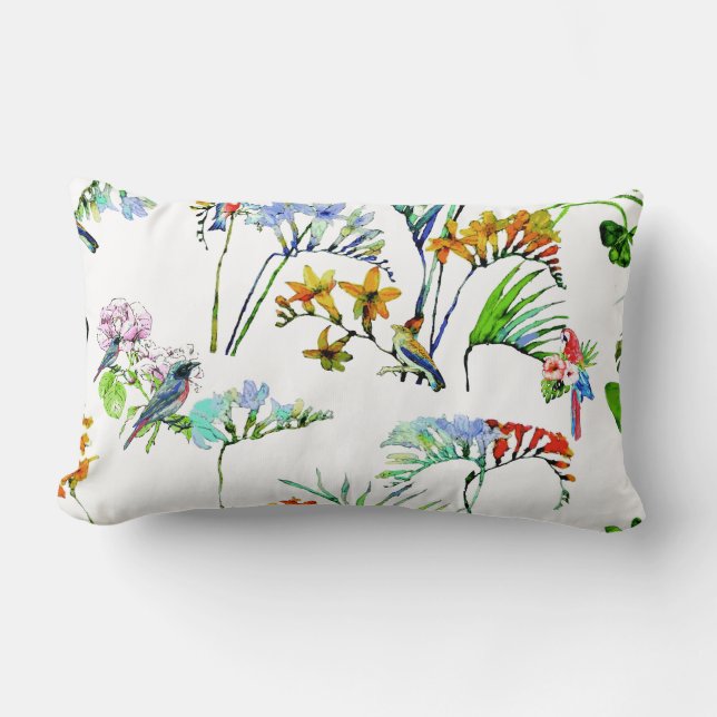 Tropical Island Watercolor Flowers & Birds Lumbar Cushion (Front)