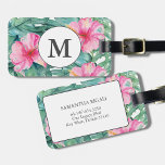 Tropical Island Watercolor  Luggage Tag<br><div class="desc">This tropical luggage tag features watercolor pink flowers and green palm leaves. art by Victoria Grigaliunas of DoTellABelle. Personalise the template fields with your name,  telephone number and address.</div>