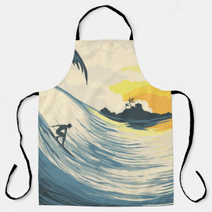 Tropical island wave and surfer at sunset apron