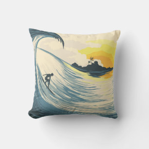 Tropical island wave and surfer at sunset cushion