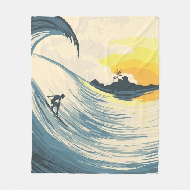 Tropical island wave and surfer at sunset fleece blanket (Front)