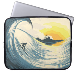 Tropical island wave and surfer at sunset laptop sleeve