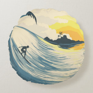 Tropical island, wave, surfer sunset. round cushion