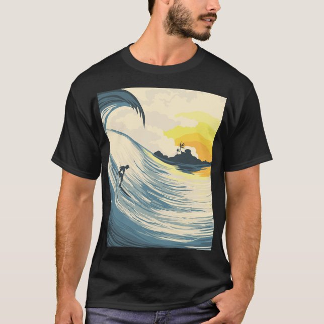 Tropical island, wave, surfer sunset. T-Shirt (Front)