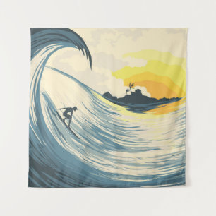 Tropical island, wave, surfer sunset. tapestry