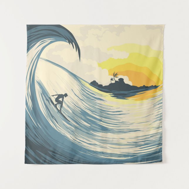 Tropical island, wave, surfer sunset. tapestry (Front)