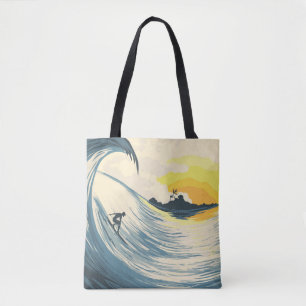 Tropical island, wave, surfer sunset. tote bag