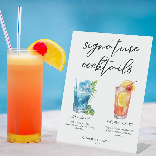 Tropical Island Wedding Signature Cocktails Menu Pedestal Sign (Creator Uploaded)
