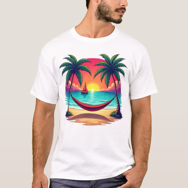Tropical Island with sunset Travel  Illustration T-Shirt (Front)