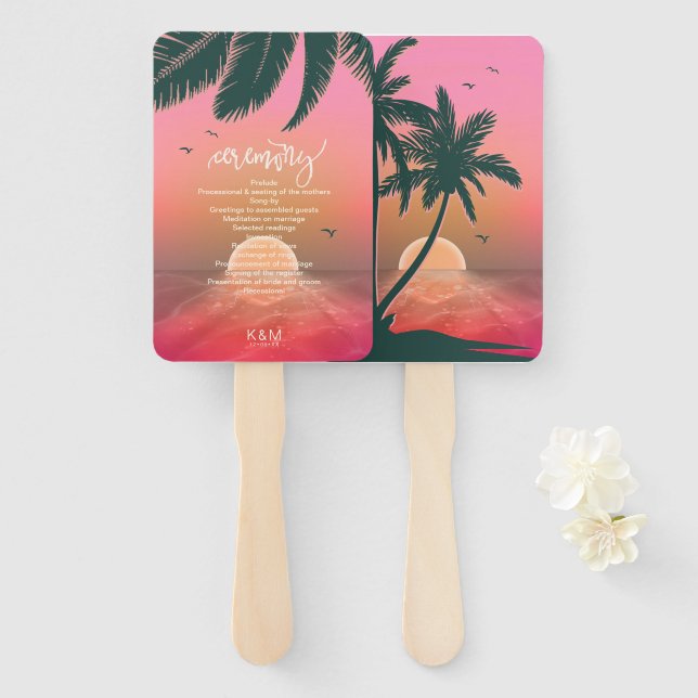Tropical Isle Sunrise Wedding Ceremony Pink ID581 Hand Fan (Front and Back)