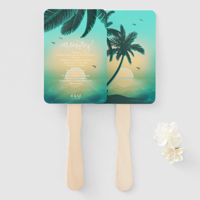 Tropical Isle Sunrise Wedding Ceremony Teal ID581 Hand Fan (Front and Back)