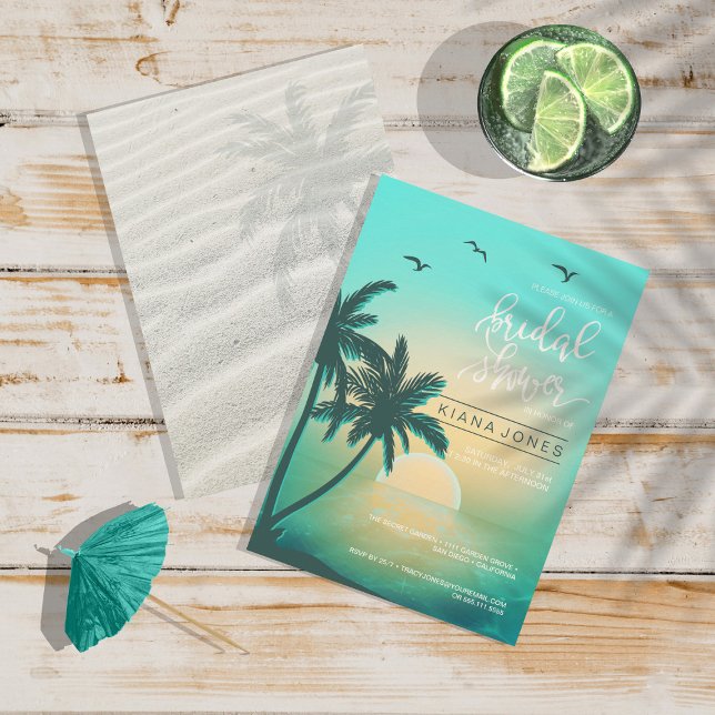Tropical Isle Sunrise Wedding Teal ID581 Invitation (Front/Back In Situ)
