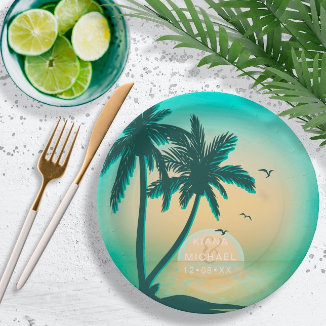 Tropical Isle Sunrise Wedding Teal ID581 Paper Plate (Creator Uploaded)