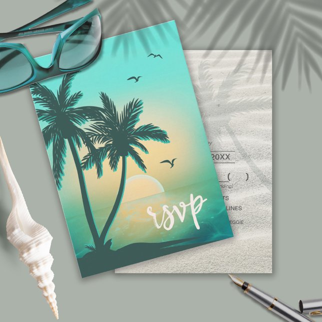 Tropical Isle Sunrise Wedding Teal ID581 RSVP Card (Creator Uploaded)