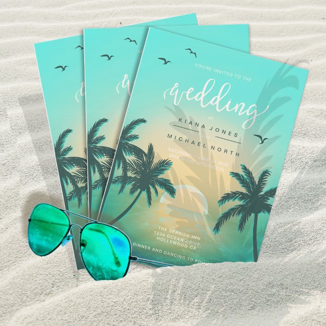 Tropical Isle Sunrise Wedding Teal L2 Arch ID581 Invitation (Creator Uploaded)