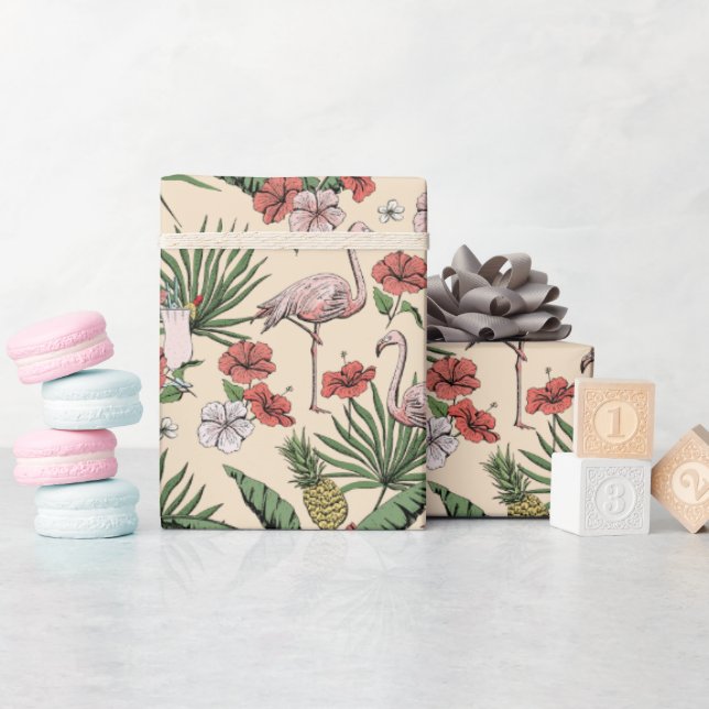 Tropical Ivory Flamingo Floral Pattern Wrapping Paper (Baby Shower)