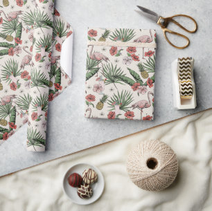 Tropical Ivory Flamingo Floral Pattern Wrapping Paper
