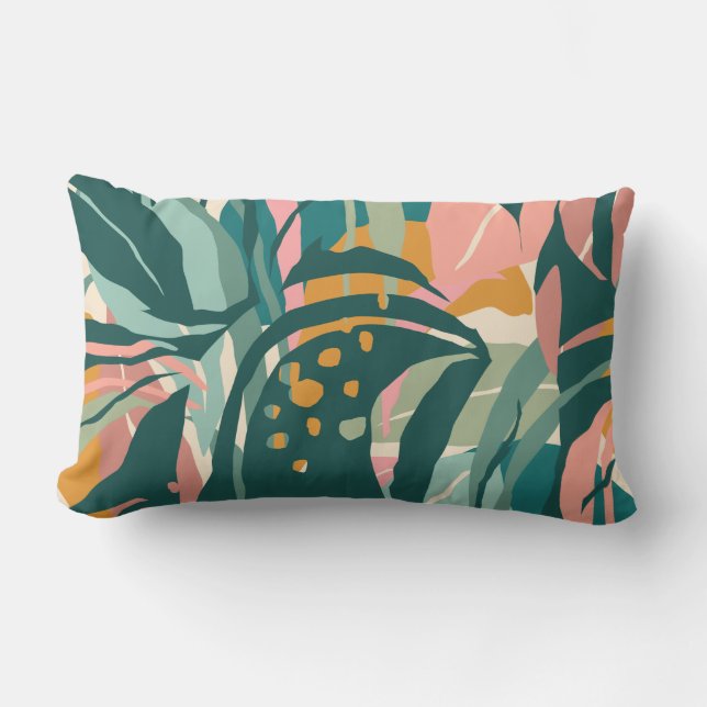 Tropical Jungle Abstract Teal, Sage, and Blush Lumbar Cushion (Front)