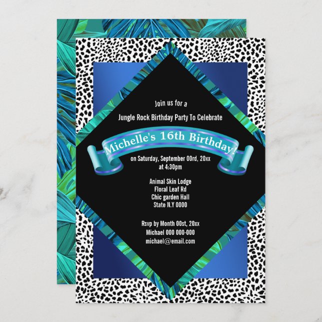 Tropical jungle animal print floral leaf birthday invitation (Front/Back)