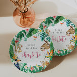 Tropical Jungle Animals Kids Birthday Party Paper Plate<br><div class="desc">Set the scene for your child's summery tropical jungle themed birthday party with these colourful personalised paper plates. Island chic design features monstera leaves and green watercolor foliage with monkeys, a sloth, a hummingbird and a parrot. Colourful tropical floral accents complete the design. Personalise with your child's name in vibrant...</div>