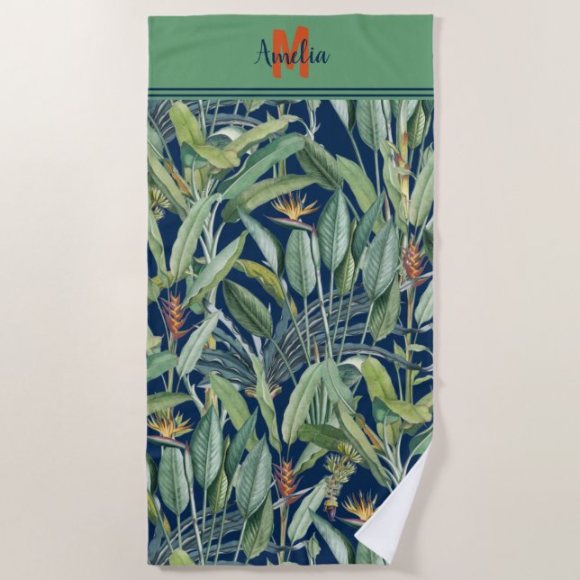 Tropical Jungle Banana Tree Strelitzia Monogram Beach Towel (Front)