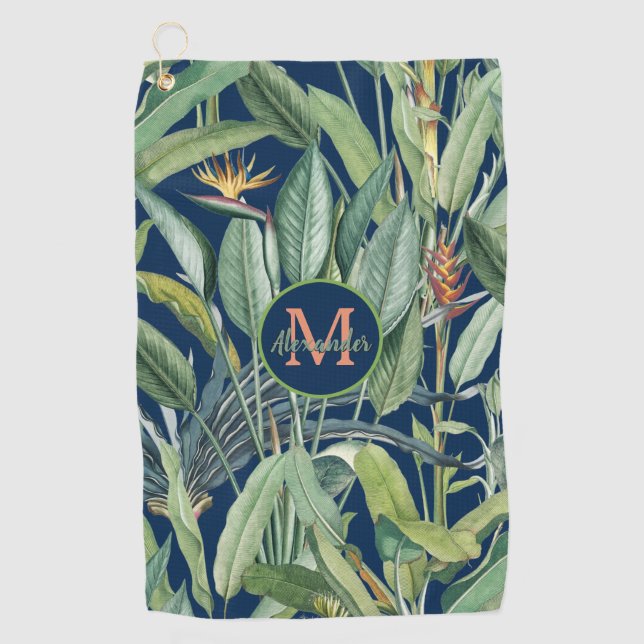 Tropical Jungle Banana Tree Strelitzia Monogram Golf Towel (Front)