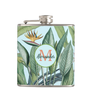 Tropical Jungle Banana Tree Strelitzia Monogram Hip Flask