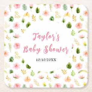 Tropical Jungle Floral Baby Shower Square Paper Coaster