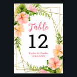 Tropical Jungle Floral Wedding Table Number<br><div class="desc">This beautiful and elegant wedding table number sign features watercolor pink and orange hibiscus flowers and foliage on a gold geometric frame. The text combines handwritten script and serif fonts for a stylish and modern look. This is perfect for a summer tropical wedding.</div>
