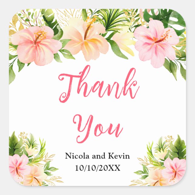 Tropical Jungle Floral Wedding Thank You Square Sticker (Front)