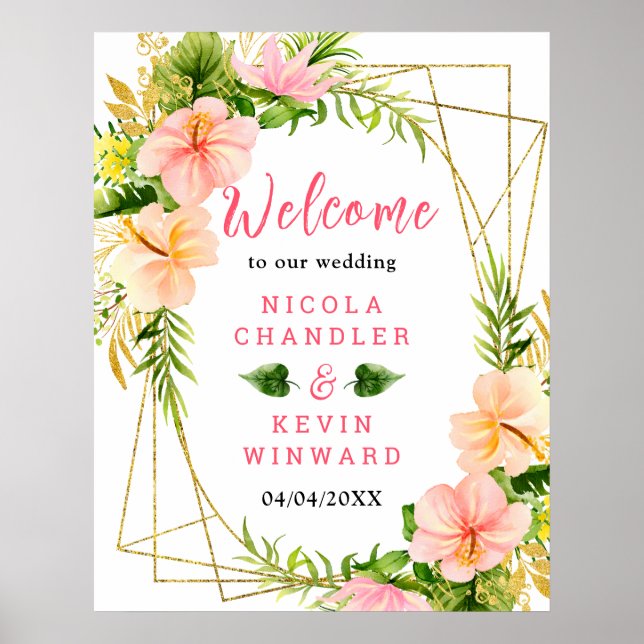 Tropical Jungle Floral Wedding Welcome Sign (Front)
