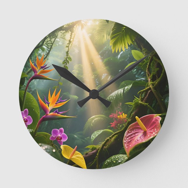 Tropical Jungle Flowers Round Clock (Front)