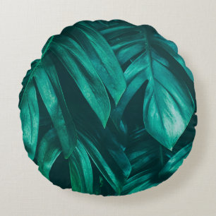 tropical jungle foliage, dark green leaf nature b round cushion