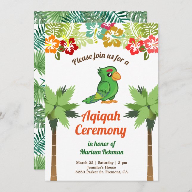 Tropical Jungle Forest Baby Parrot Aqiqah Invitation (Front/Back)