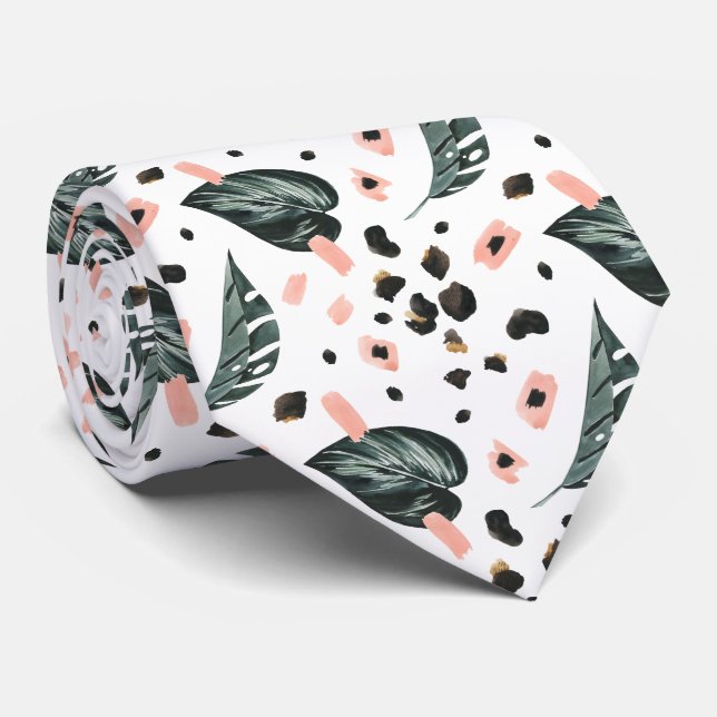 Tropical Jungle Greenery | Pink Leopard Monogram Tie (Rolled)