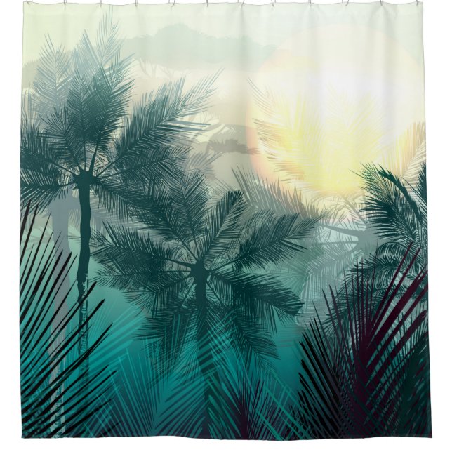 Tropical jungle landscape with palm trees and leaf shower curtain (Front)