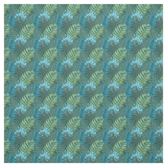 Tropical Jungle Leaf Pattern in Greens and Blues Fabric (Swatch)