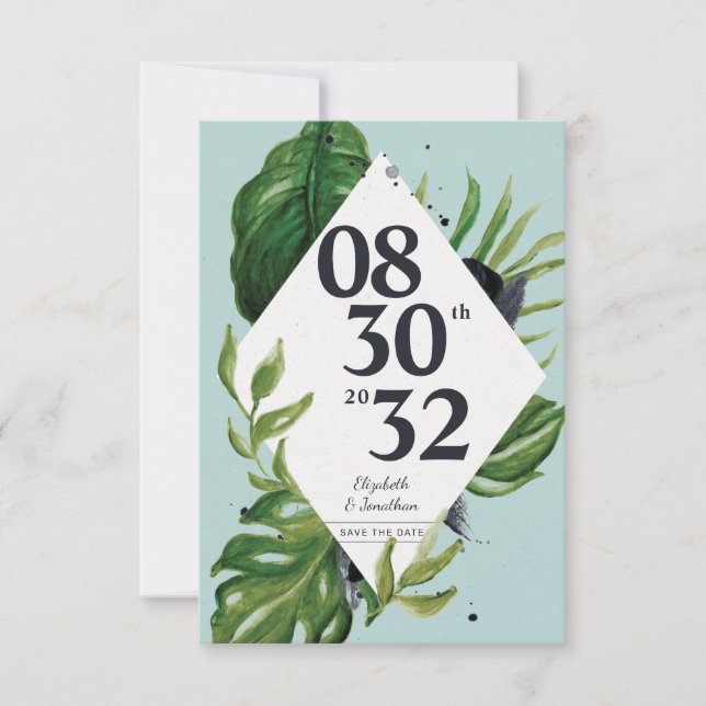 Tropical jungle leafage modern blue save the date (Front)