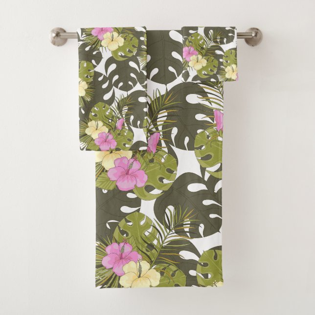 Tropical Jungle Leaves and Hibiscus Pattern Bath Towel Set (Insitu)