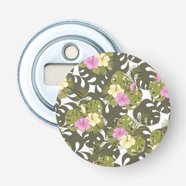 Tropical Jungle Leaves and Hibiscus Pattern Bottle Opener (Front)