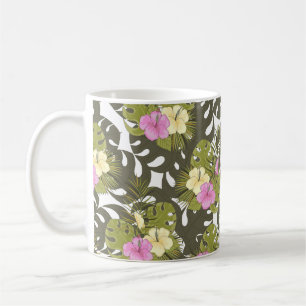 Tropical Jungle Leaves and Hibiscus Pattern Coffee Mug