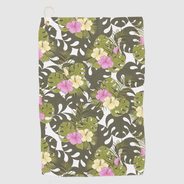 Tropical Jungle Leaves and Hibiscus Pattern Golf Towel (Front)