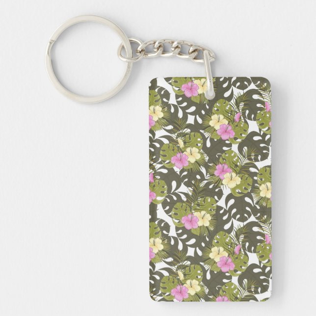 Tropical Jungle Leaves and Hibiscus Pattern Key Ring (Front)