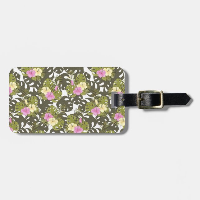 Tropical Jungle Leaves and Hibiscus Pattern Luggage Tag (Front Horizontal)