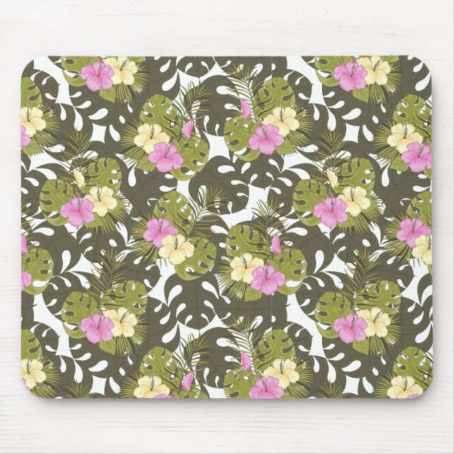 Tropical Jungle Leaves and Hibiscus Pattern Mouse Pad (Front)