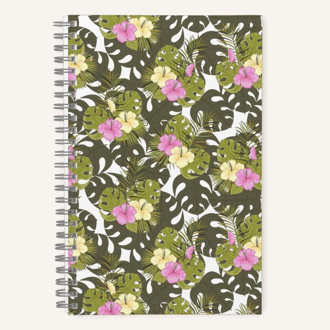 Tropical Jungle Leaves and Hibiscus Pattern Notebook (Front)