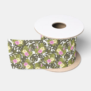Tropical Jungle Leaves and Hibiscus Pattern Satin Ribbon