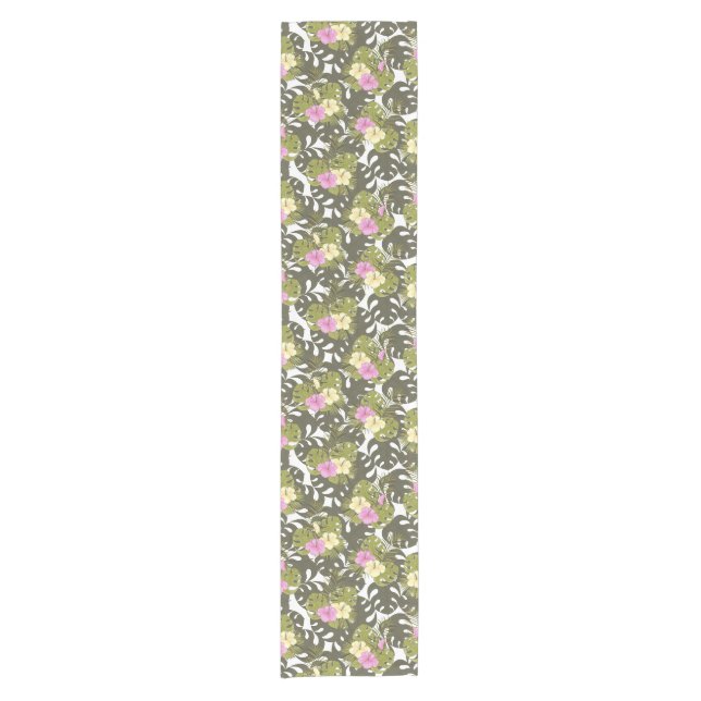 Tropical Jungle Leaves and Hibiscus Pattern Short Table Runner (Front)
